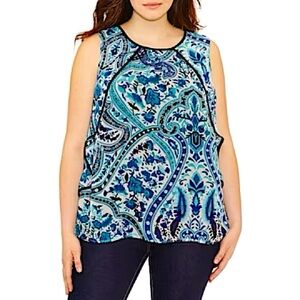 AGB‎ Floral Turquoise Sheer Overlay Sleeveless Blouse Ruffle Keyhole Collar 2X